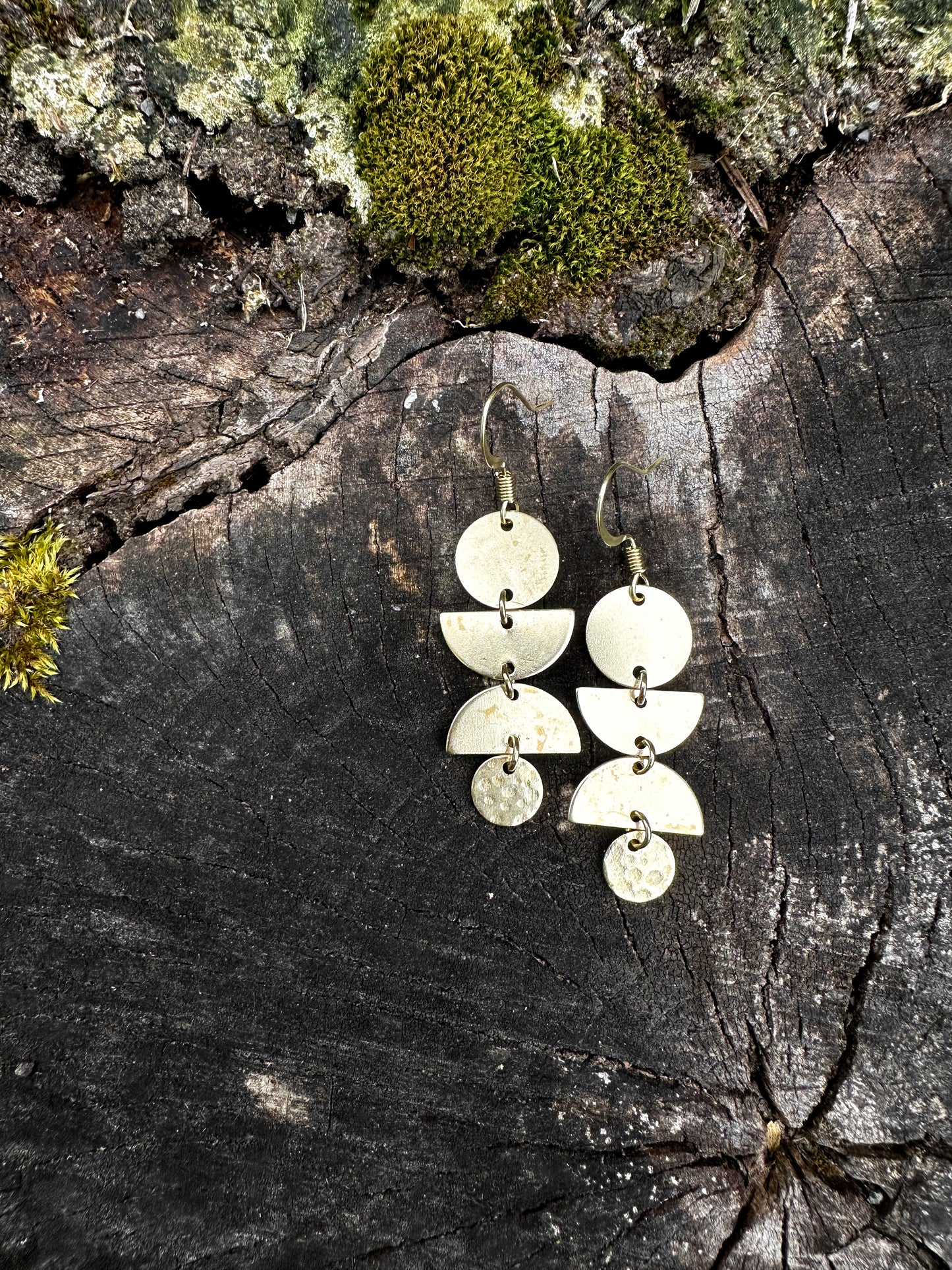 Geometric circle and half circle dangle earrings, long fun funky rustic earrings in sturdy brass