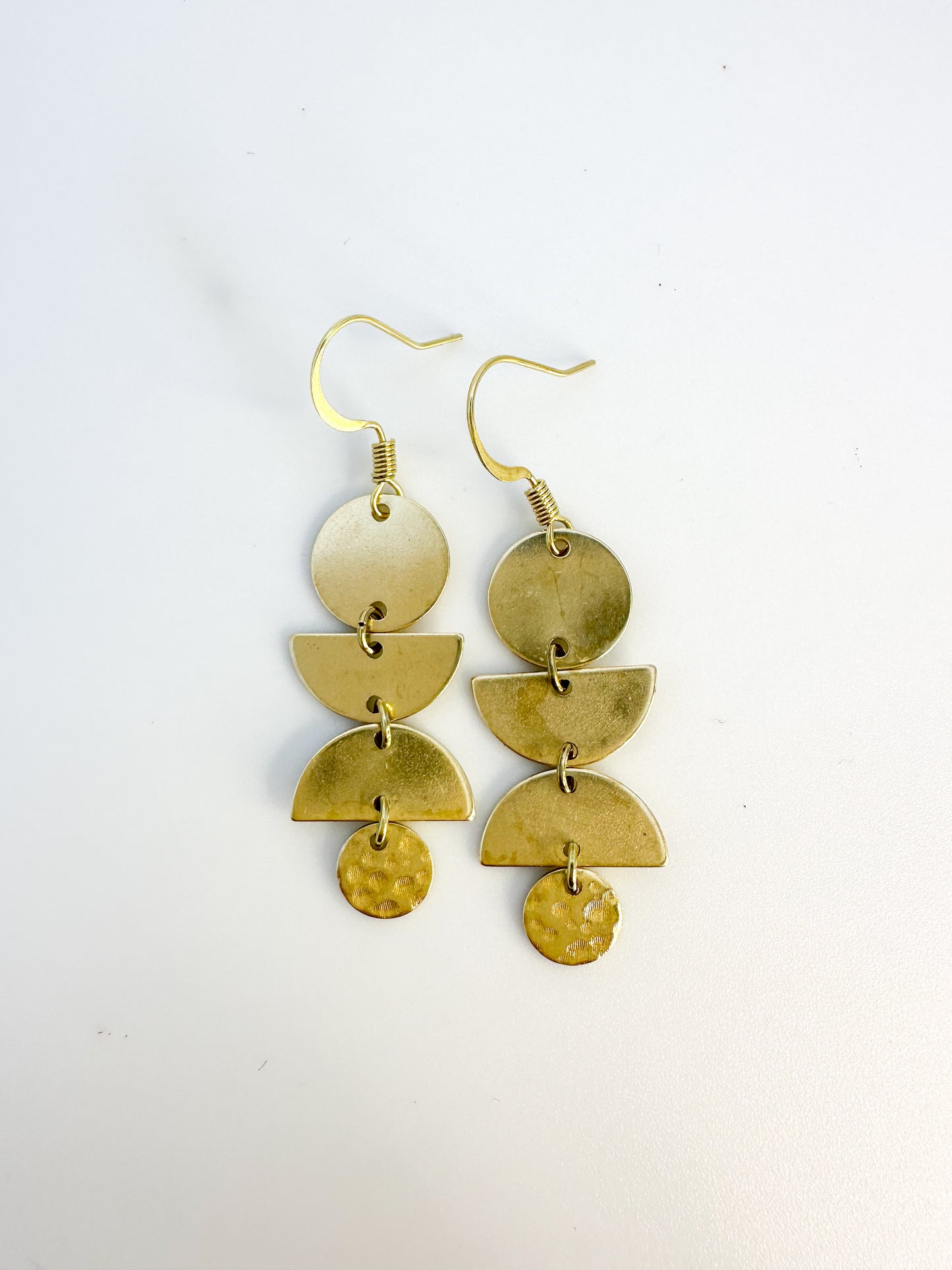 Geometric circle and half circle dangle earrings, long fun funky rustic earrings in sturdy brass