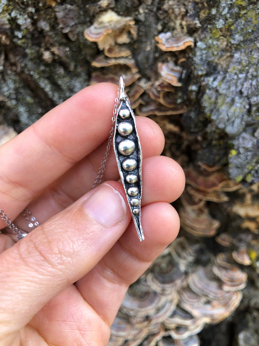 Organic textured, Sterling silver pea pod necklace, Handmade in Maine.