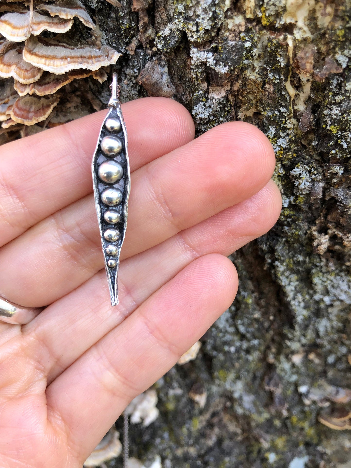 Organic textured, Sterling silver pea pod necklace, Handmade in Maine.