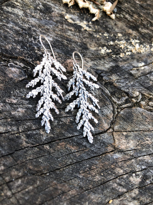 Sterling silver earrings, nature themed jewelry, organic design, cedar earrings, beeswax, Maine Made, minimalist jewelry, tree, forest
