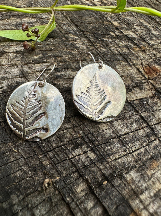 Lightweight Fern disc earrings, Recycled Sterling silver, circle, Eco-friendly, Maine Made, Maine art, Maine print, minimalist,