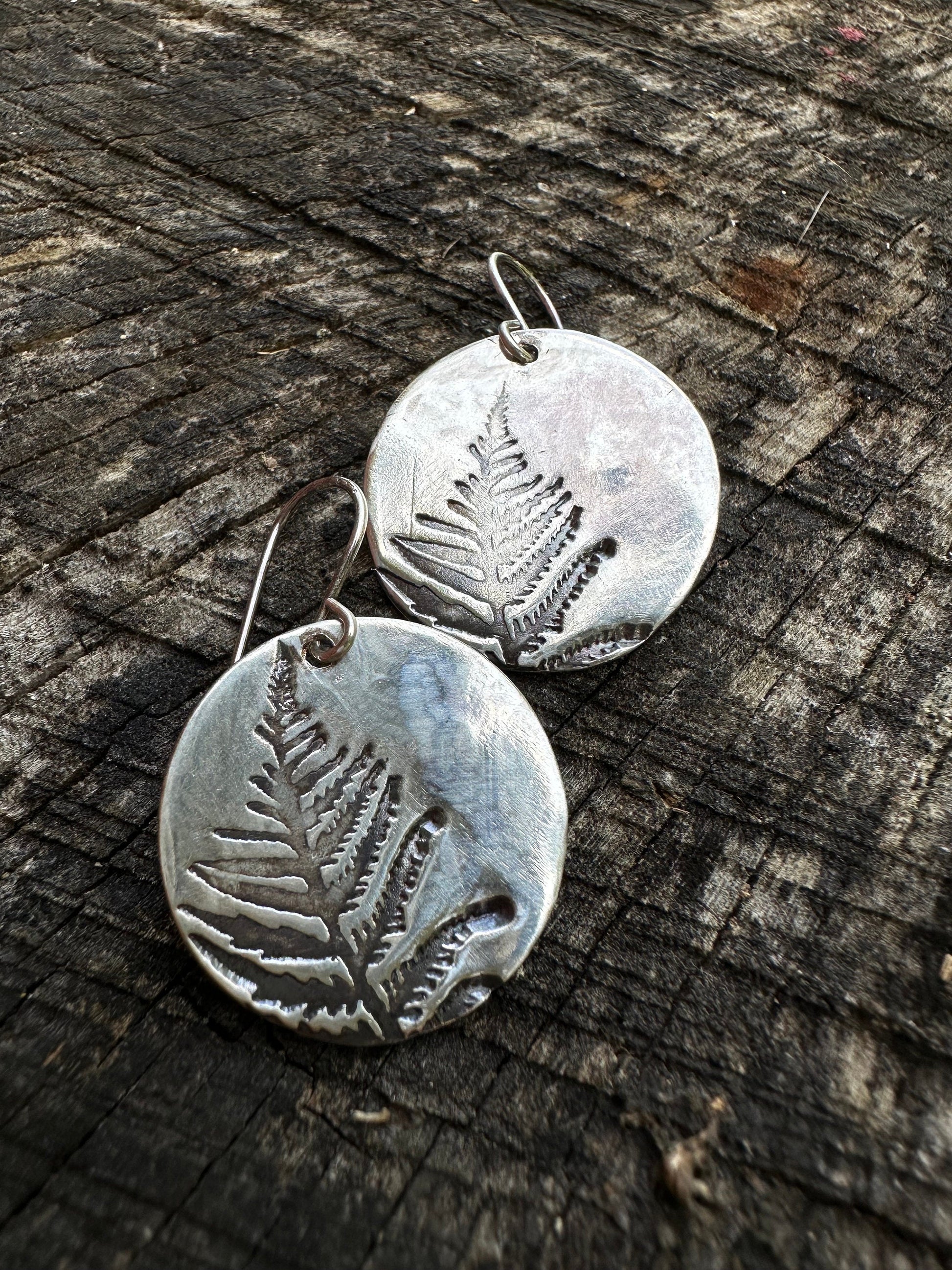 Lightweight Fern disc earrings, Recycled Sterling silver, circle, Eco-friendly, Maine Made, Maine art, Maine print, minimalist,