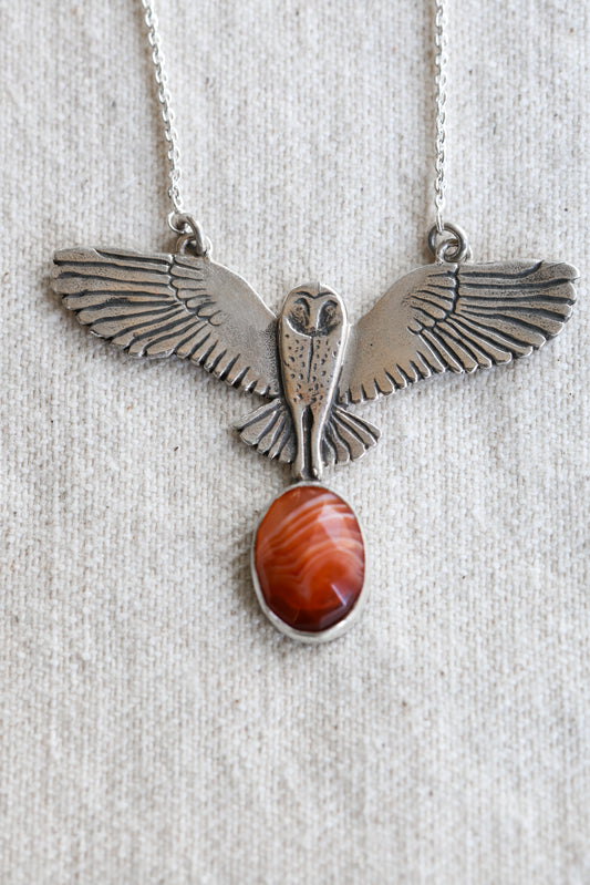 Barn owl, grounding wisdom and stillness, hand carved barn owl necklace with Brazilian Emerald or Carnelian
