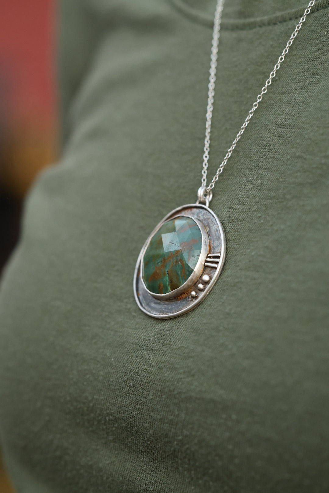Jasper necklace circle necklace in silver with adjustable chain, rustic patina
