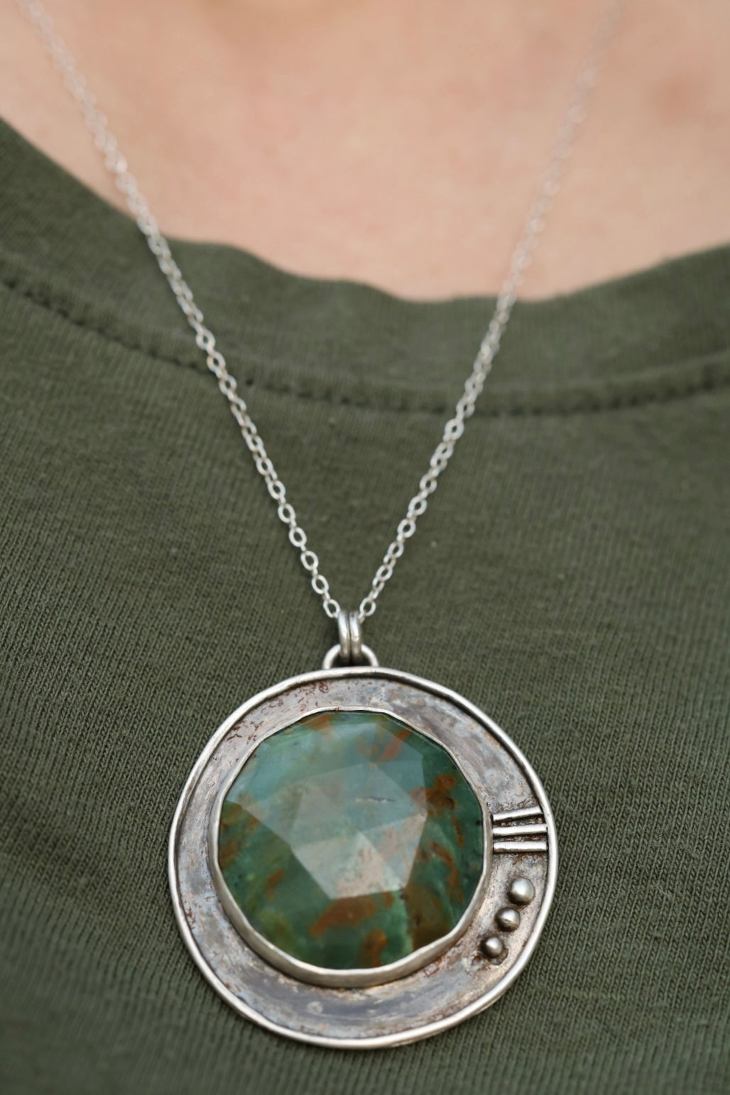 Jasper necklace circle necklace in silver with adjustable chain, rustic patina