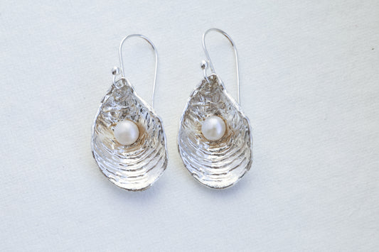 Hand-carved textured oyster shell earrings in recycled sterling silver Maine original design, Fresh water pearl earrings