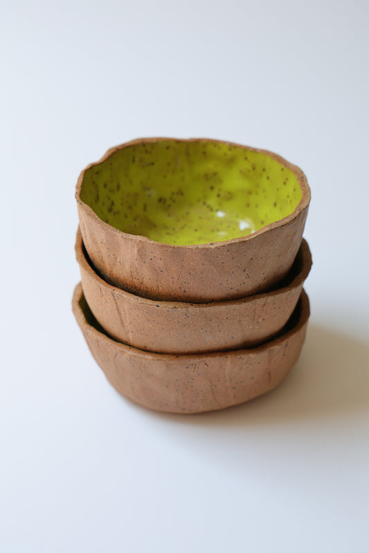 Handmade Speckled Stoneware Trinket or Dessert Dishes – Set of 3 | Stackable Jewelry Dishes with Bright Green Glaze