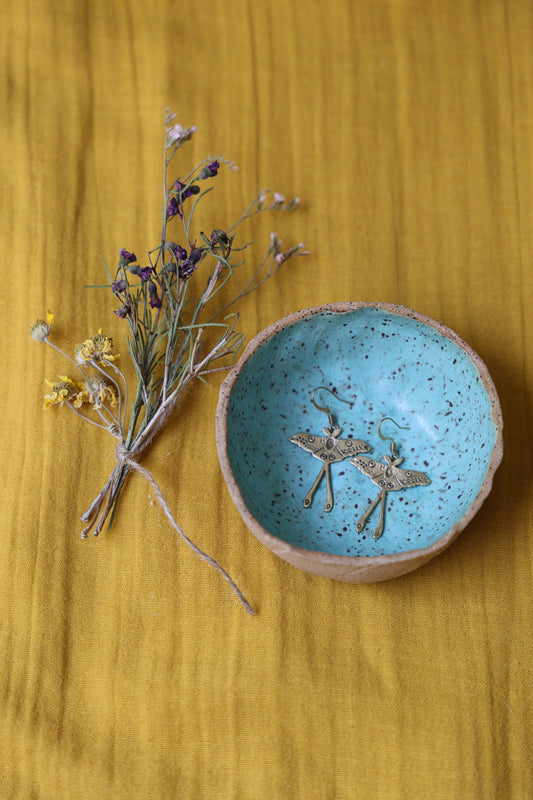 Handmade Speckled Stoneware Trinket or Dessert Dish | Stackable Jewelry Dish with Matte Turquoise Blue Glaze