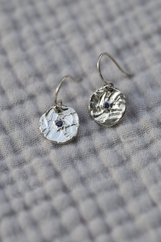 Small one of a kind blue sapphire earrings textured