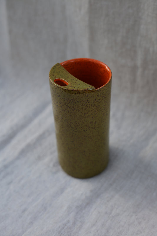 Olive Green and Orange Travel Cup, To Go cup, On The Go Cup, Ceramic Travel Mug, Mustache Saver,  Handmade Pottery, Speckled White Travel Mug