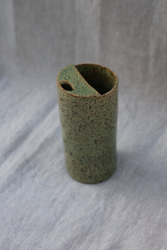 Sage Green Speckled Travel Mup, To Go Cup, On The Go Cup, Ceramic Travel Mug, Mustache Saver,  Handmade Pottery, Speckled Green Travel Mug