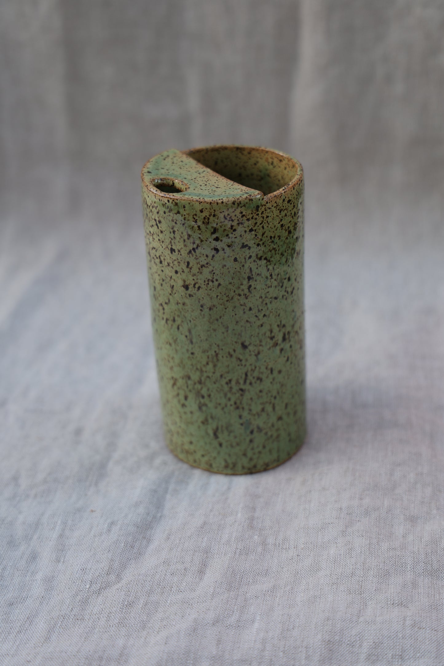 Sage Green Speckled Travel Mup, To Go Cup, On The Go Cup, Ceramic Travel Mug, Mustache Saver,  Handmade Pottery, Speckled Green Travel Mug