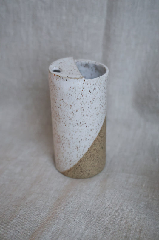 White Speckled To Go Cup, Travel Mug, Mustache Saver, Ceramic Stoneware Hand Thrown in Maine 14-16oz.