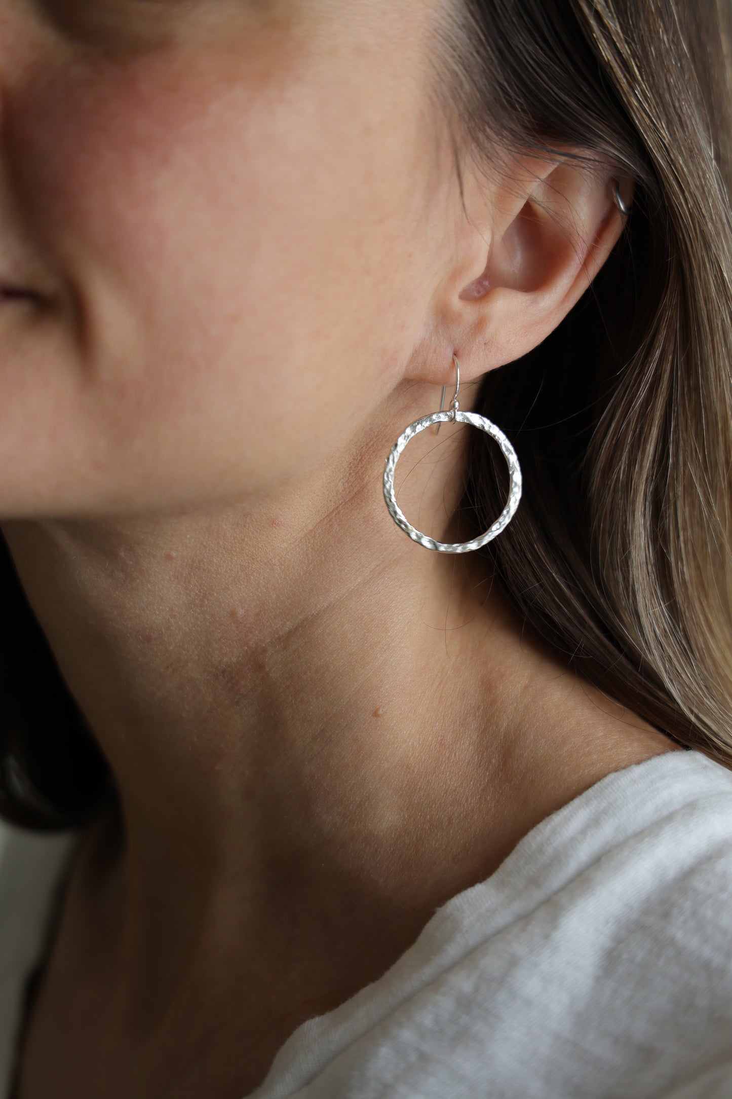 Hammered Silver or Brass Hoop Earrings, Perfect Every day, Pilates Earrings, Lightweight Water Earrings
