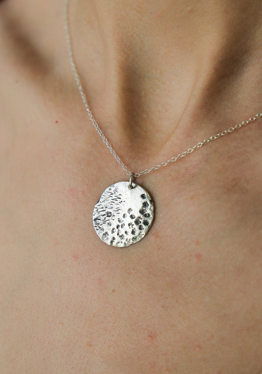 Wabi Sabi, Textured Hammered Disc Inpired by Water Made in Recycled Sterling Silver with Adjustable Chain, Lost Wax Carved Texture
