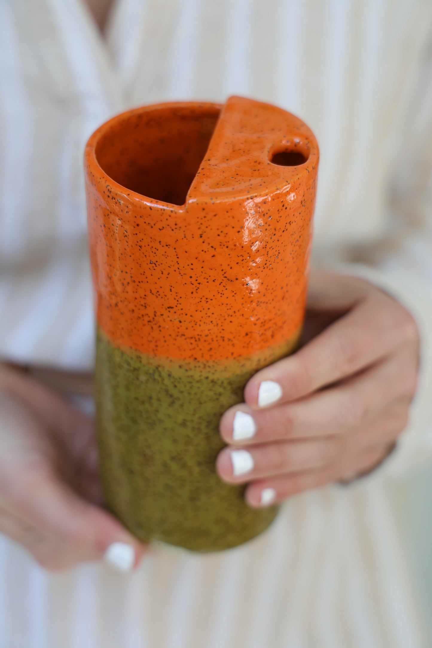 Olive & pimento Speckled To Go Cup, Travel Mug, Travel Tumbler, Mustache Saver, Ceramic Stoneware,  Hand Thrown in Maine 14-16oz.  Pottery Cup