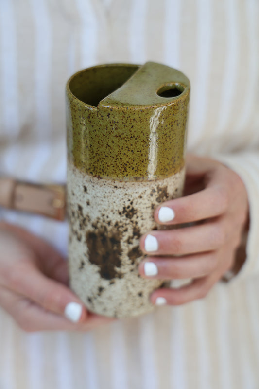 Olive Green and Quail Egg Speckled To Go Cup, Travel Mug, Travel Tumbler, Mustache Saver, Ceramic Stoneware,  Hand Thrown in Maine 14-16oz.  Pottery Cup