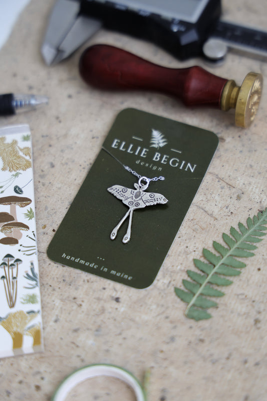 Silver or Brass Luna Moth Pendant with Adjustable Chain