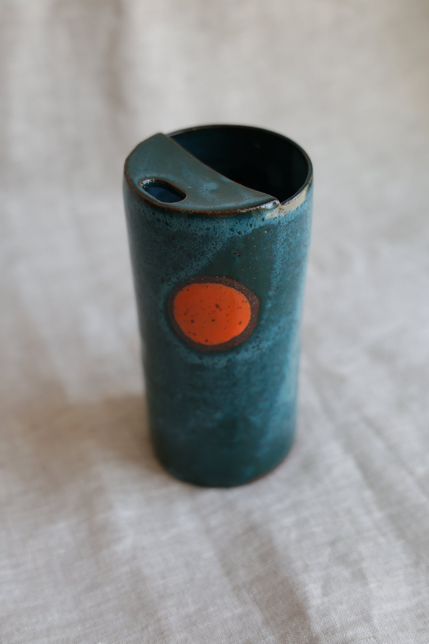 Deep Blue with Orange Moon Speckled To Go Cup, Travel Mug, Travel Tumbler, Mustache Saver, Ceramic Stoneware,  Hand Thrown in Maine 13-15oz.  Pottery Cup