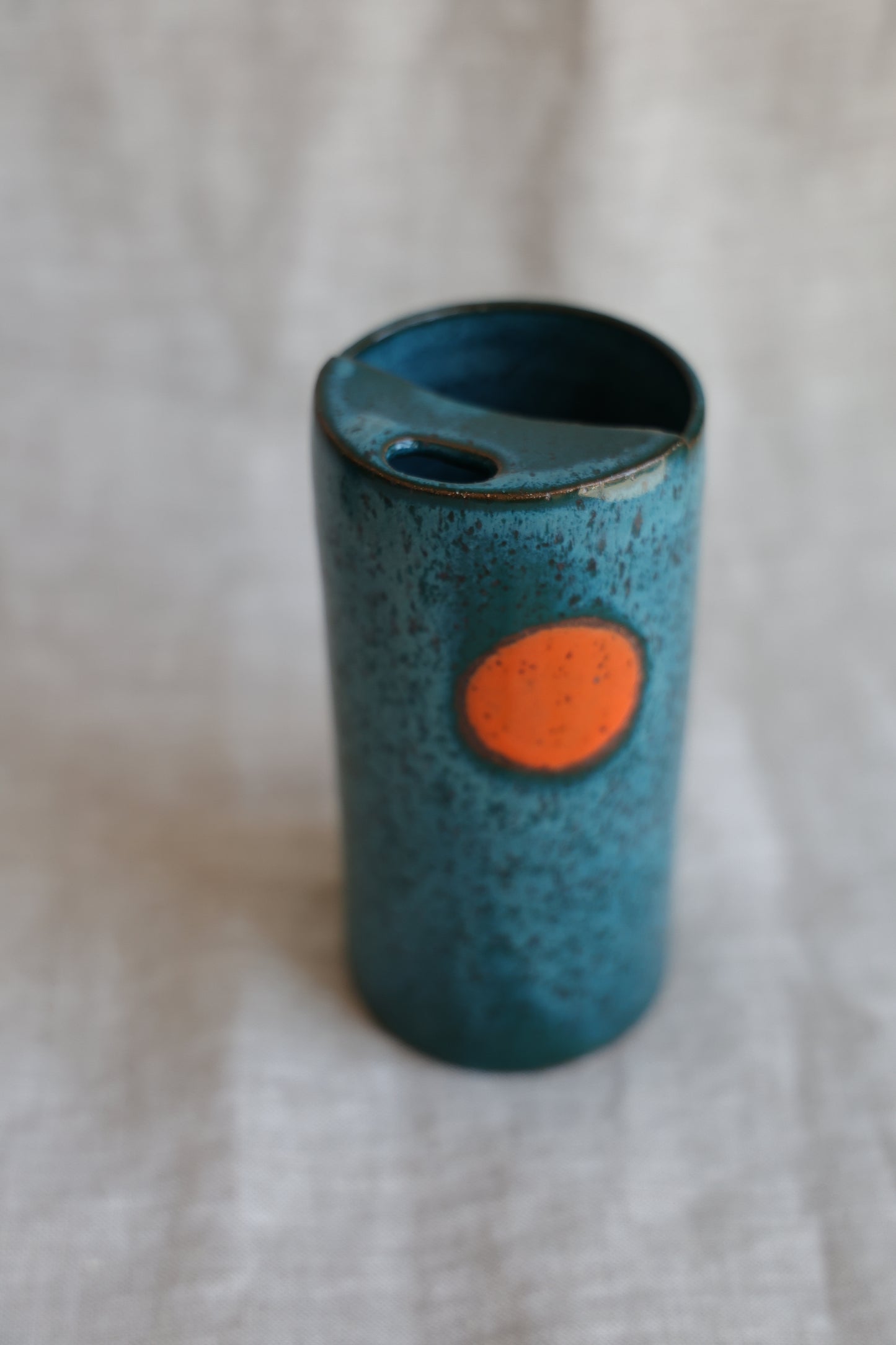 Deep Blue with Orange Moon Speckled To Go Cup, Travel Mug, Travel Tumbler, Mustache Saver, Ceramic Stoneware,  Hand Thrown in Maine 13-15oz.  Pottery Cup