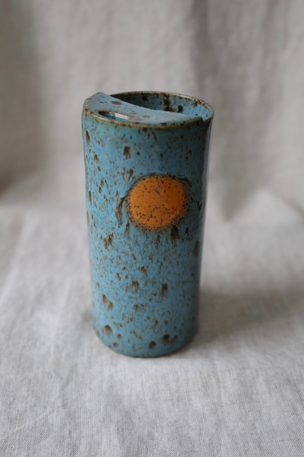 Golden Hour Blue & Cream with Orange Sun Speckled To Go Cup, Travel Mug, Travel Tumbler, Mustache Saver, Ceramic Stoneware,  Hand Thrown in Maine 14-16 oz.  Pottery Cup