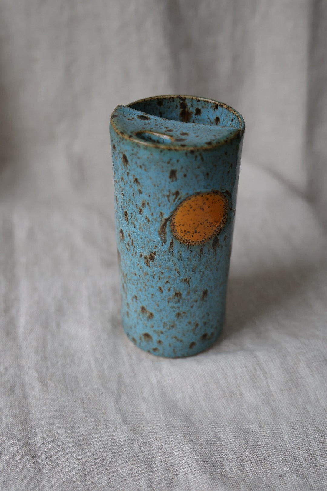 Golden Hour Blue & Cream with Orange Sun Speckled To Go Cup, Travel Mug, Travel Tumbler, Mustache Saver, Ceramic Stoneware,  Hand Thrown in Maine 14-16 oz.  Pottery Cup