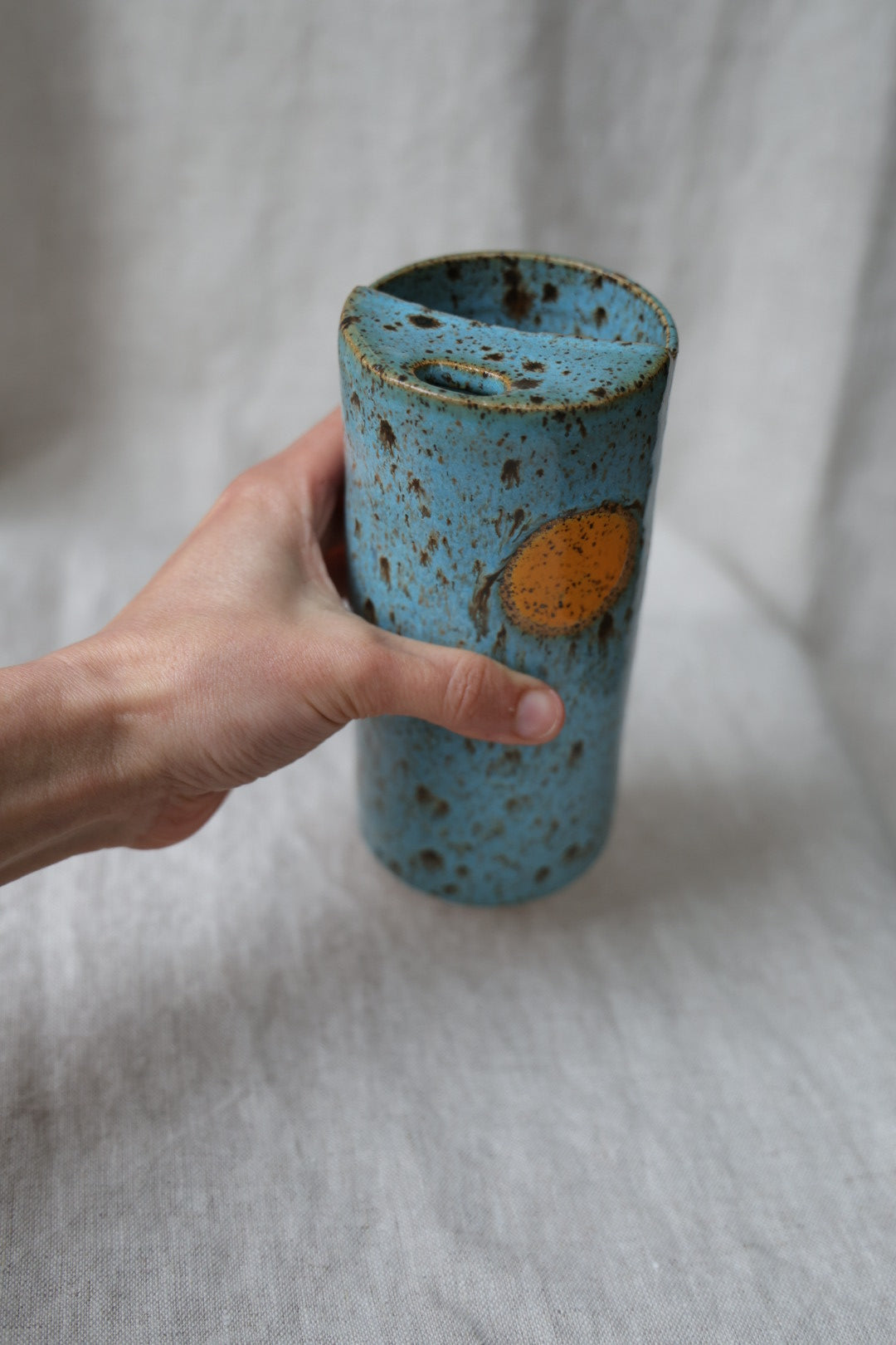 Golden Hour Blue & Cream with Orange Sun Speckled To Go Cup, Travel Mug, Travel Tumbler, Mustache Saver, Ceramic Stoneware,  Hand Thrown in Maine 14-16 oz.  Pottery Cup