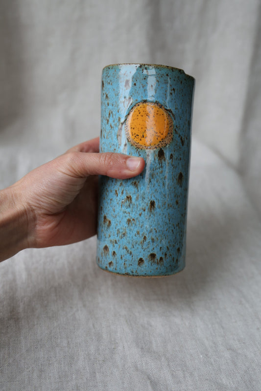 Golden Hour Blue & Cream with Orange Sun Speckled To Go Cup, Travel Mug, Travel Tumbler, Mustache Saver, Ceramic Stoneware,  Hand Thrown in Maine 14-16 oz.  Pottery Cup