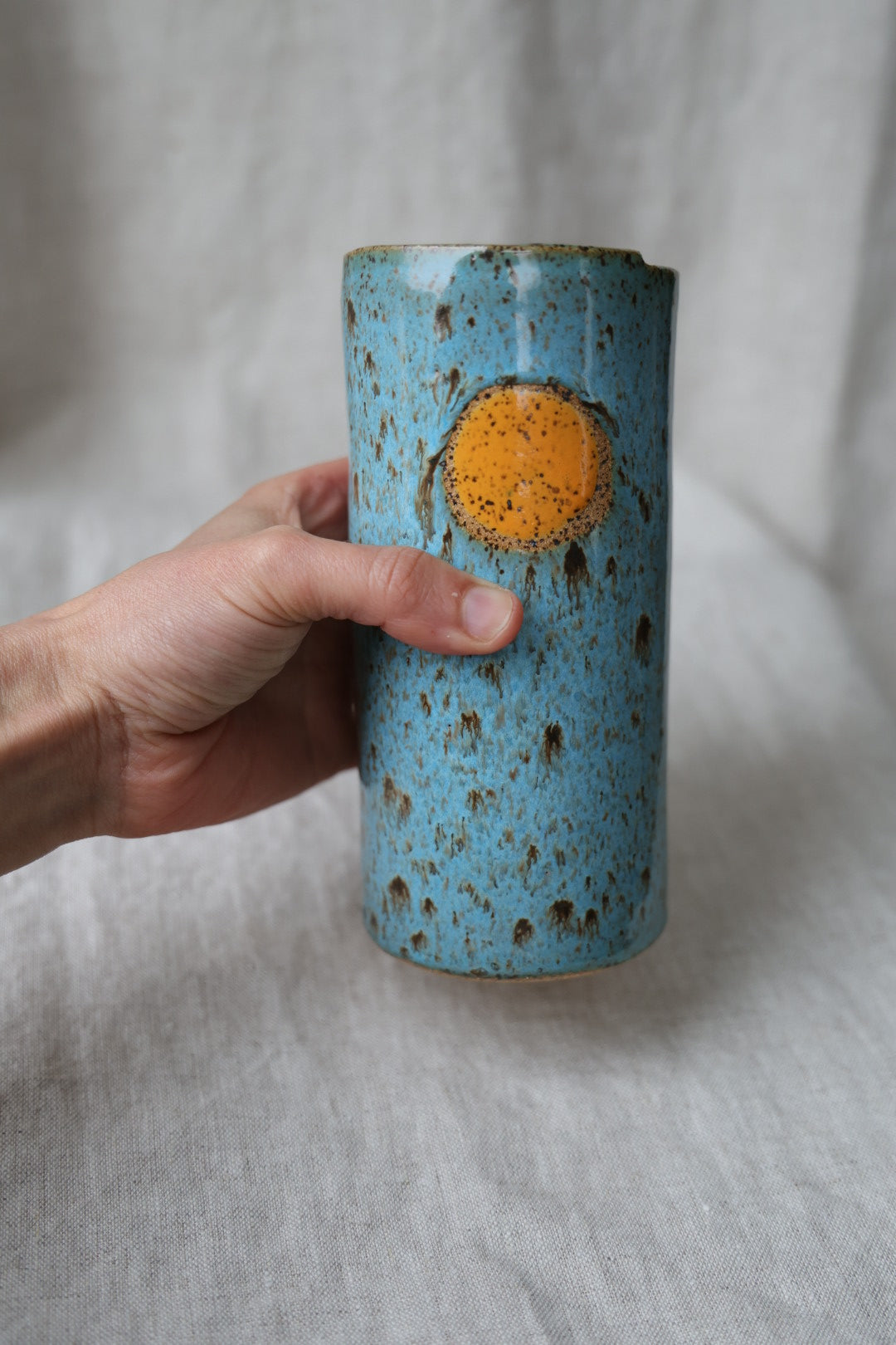 Golden Hour Blue & Cream with Orange Sun Speckled To Go Cup, Travel Mug, Travel Tumbler, Mustache Saver, Ceramic Stoneware,  Hand Thrown in Maine 14-16 oz.  Pottery Cup