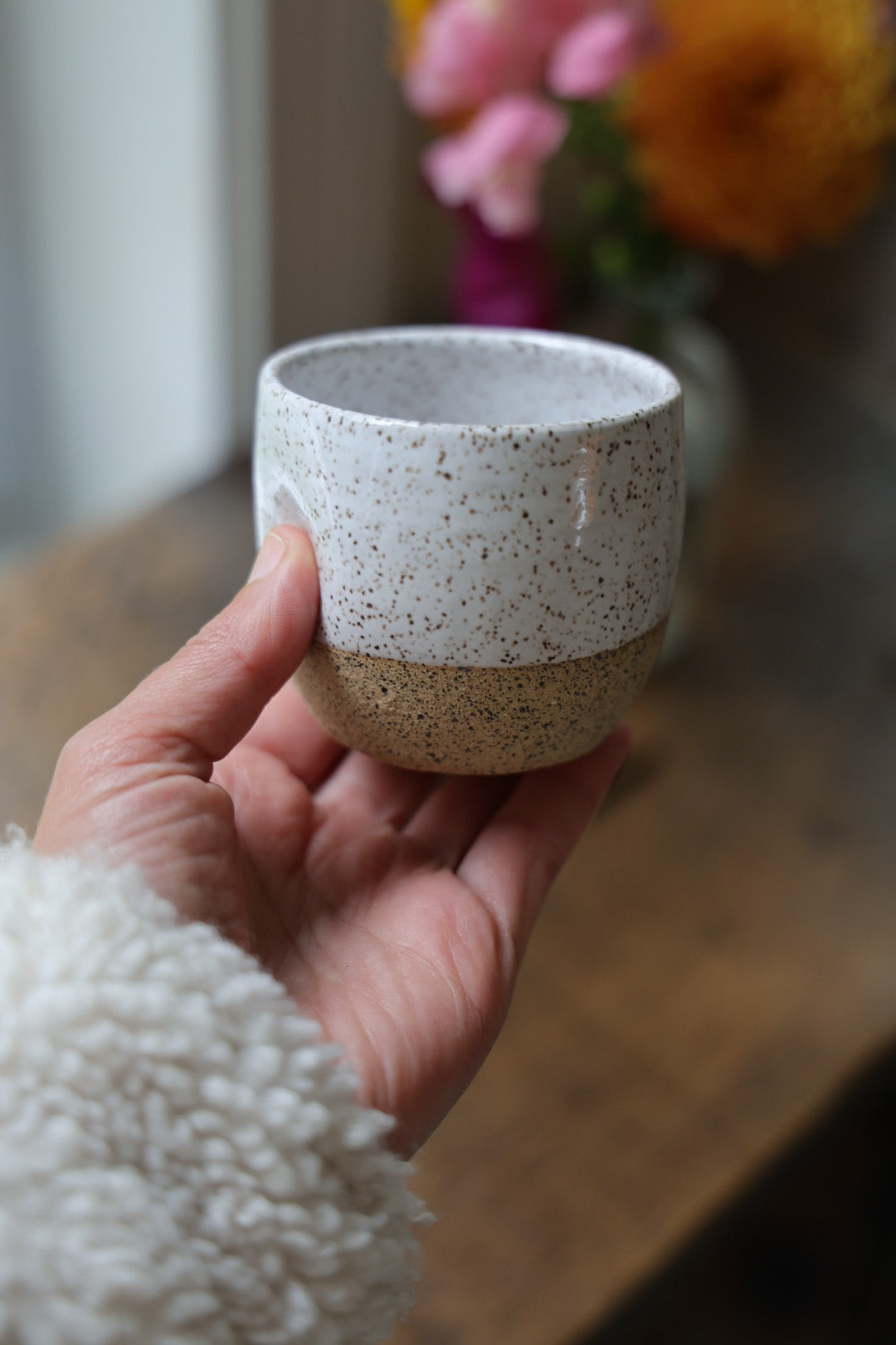 Espresso cups with thumb print, speckled stoneware, pink or white, small handmade cup, Maine made, perfect for morning coffee ritual, espresso, mugs of tea or any small beverage.