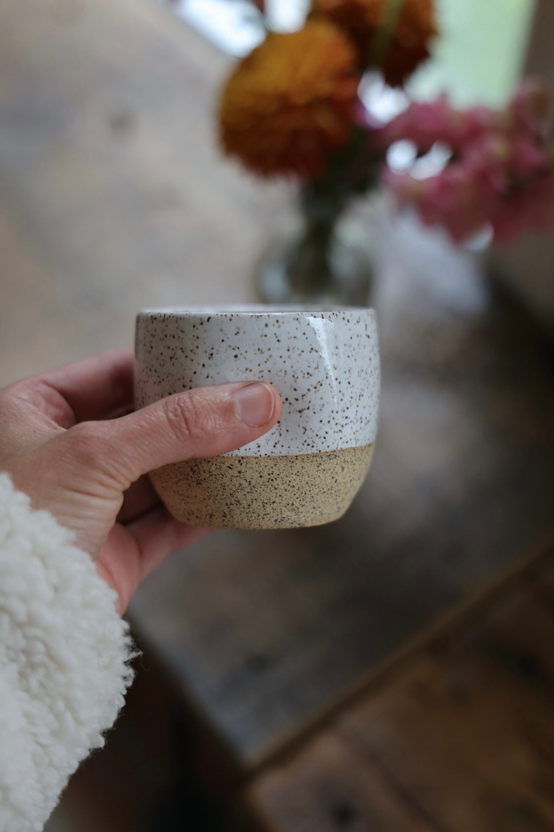 Espresso cups with thumb print, speckled stoneware, pink or white, small handmade cup, Maine made, perfect for morning coffee ritual, espresso, mugs of tea or any small beverage.