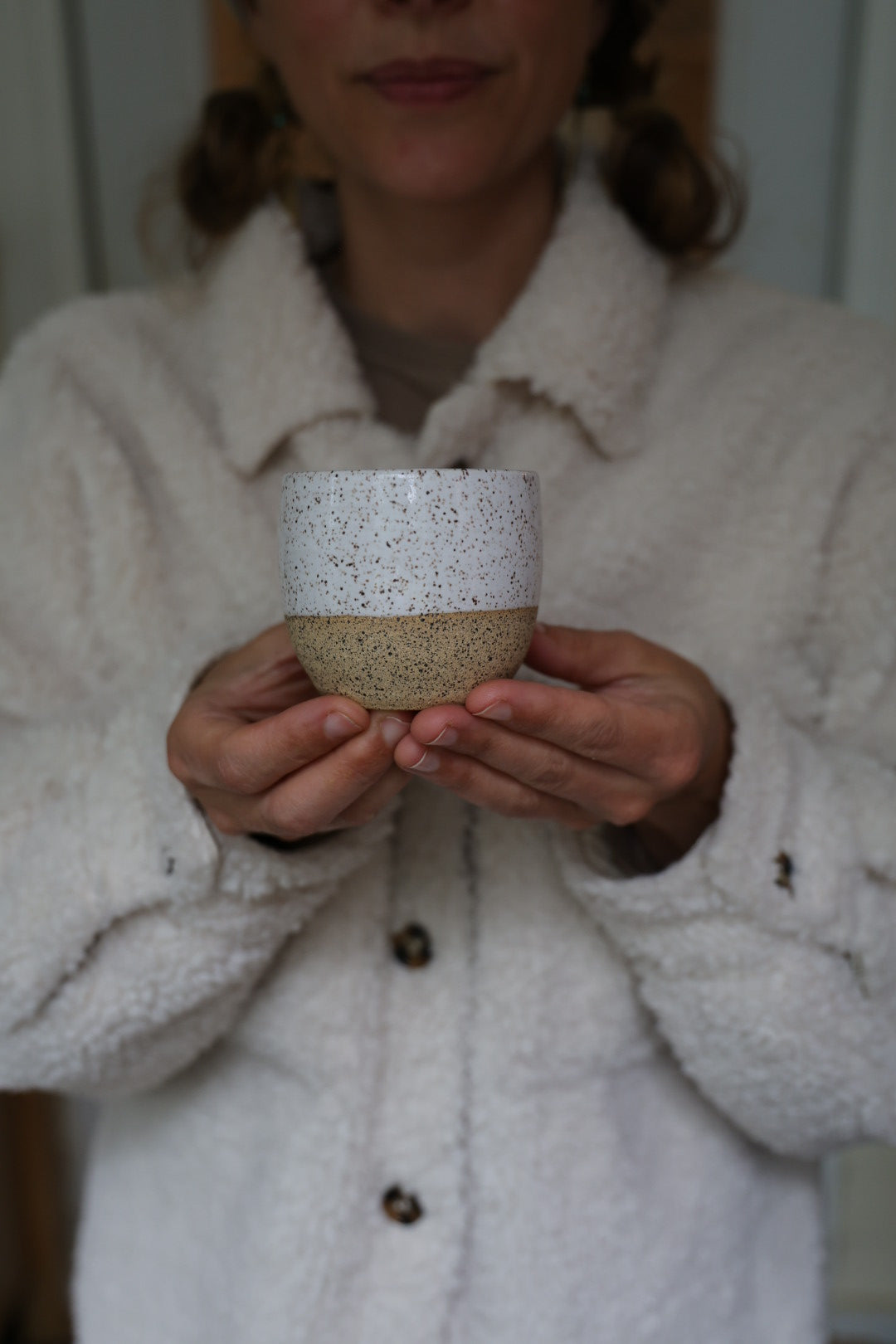 Espresso cups with thumb print, speckled stoneware, pink or white, small handmade cup, Maine made, perfect for morning coffee ritual, espresso, mugs of tea or any small beverage.