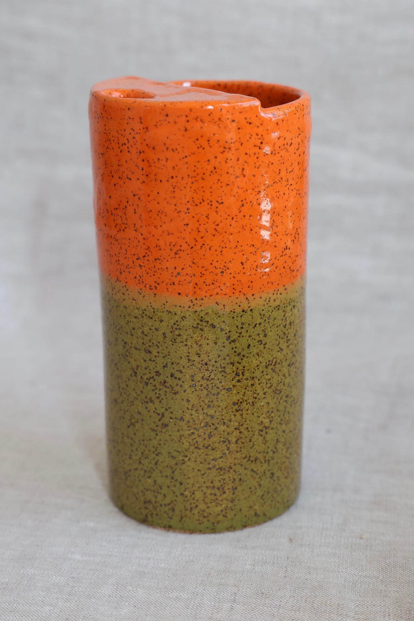 Olive & pimento Speckled To Go Cup, Travel Mug, Travel Tumbler, Mustache Saver, Ceramic Stoneware,  Hand Thrown in Maine 14-16oz.  Pottery Cup