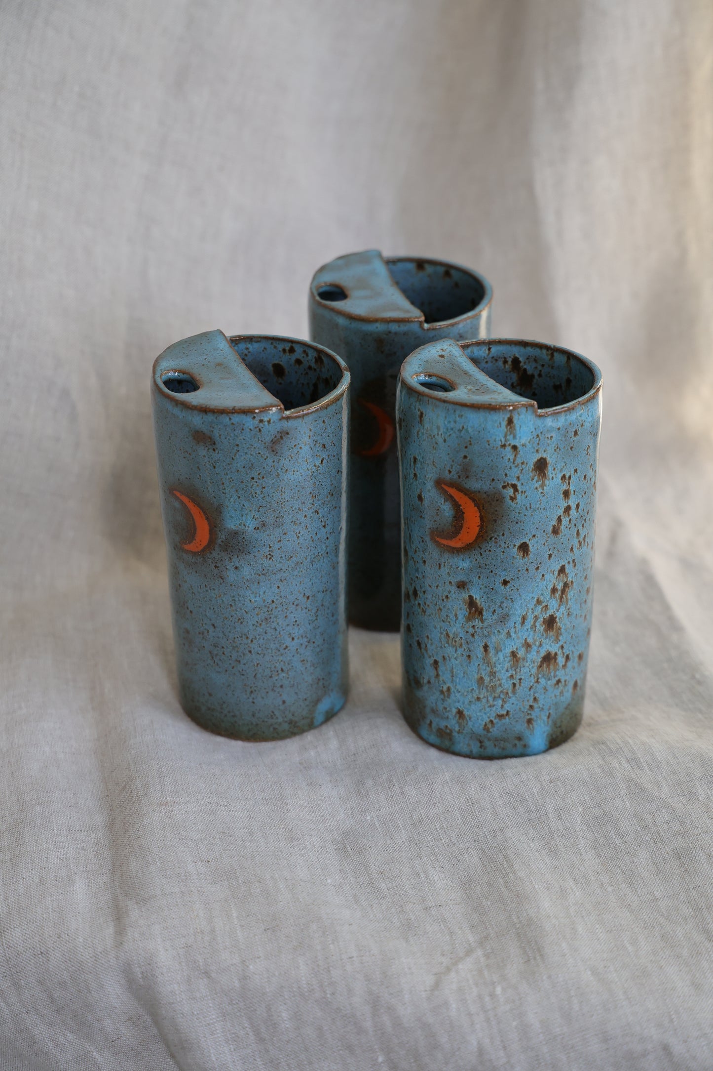 New Crescent moon travel mug with Blue feathered speckled, Mustache Saver, Ceramic Stoneware Hand Thrown in Maine 14-16oz.