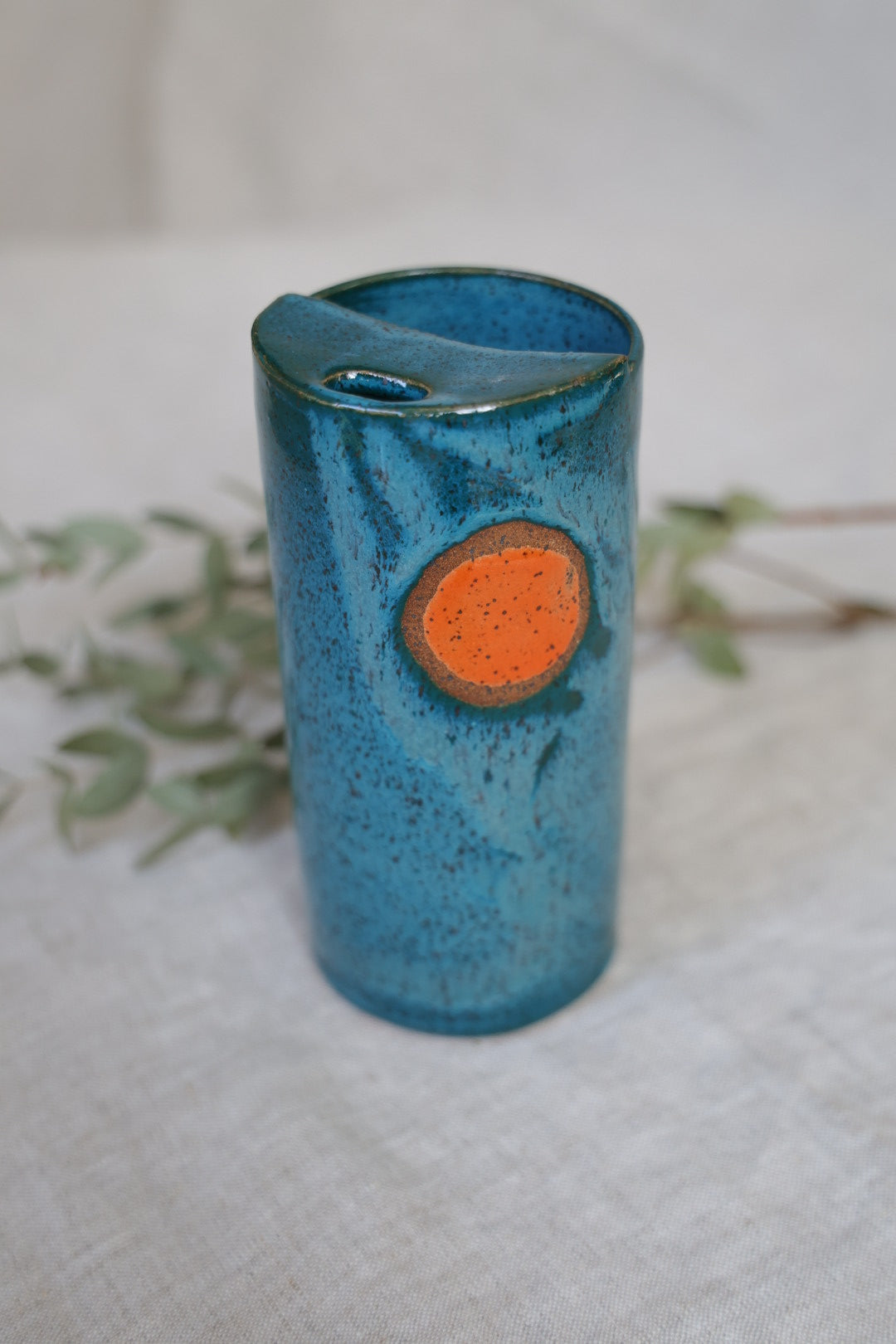 Deep Blue with Orange Moon Speckled To Go Cup, Travel Mug, Travel Tumbler, Mustache Saver, Ceramic Stoneware,  Hand Thrown in Maine 13-15oz.  Pottery Cup