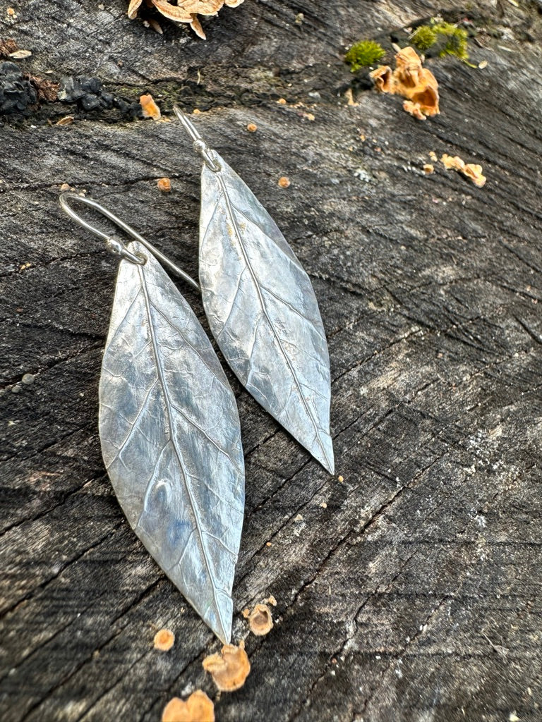 Textured sterling silver leaf earrings, Maine forest jewelry, hand carved dangle earrings