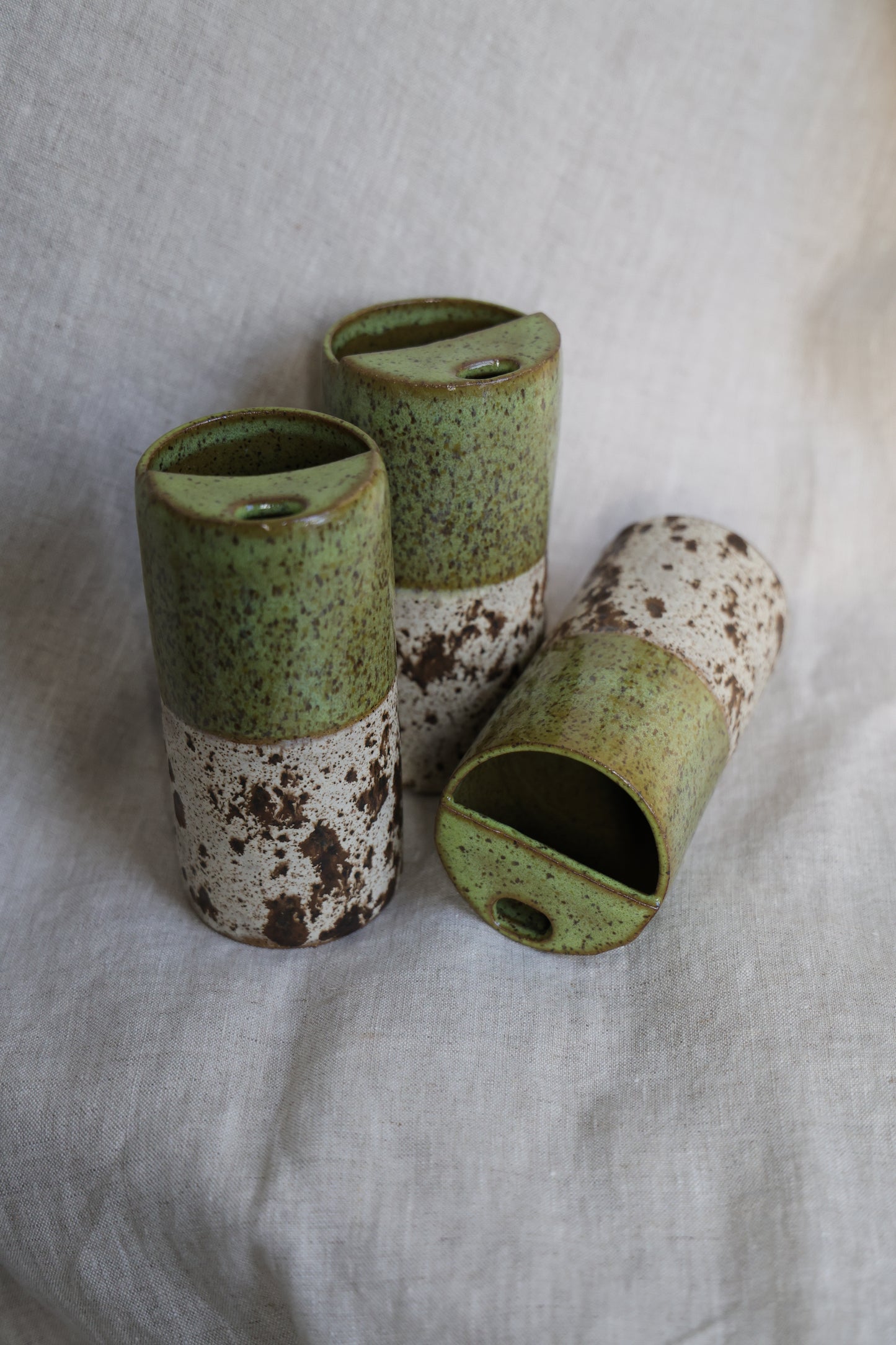 Green travel mug with creamy speckled bottom, Mustache Saver, Ceramic Stoneware Hand Thrown in Maine 14-16oz.
