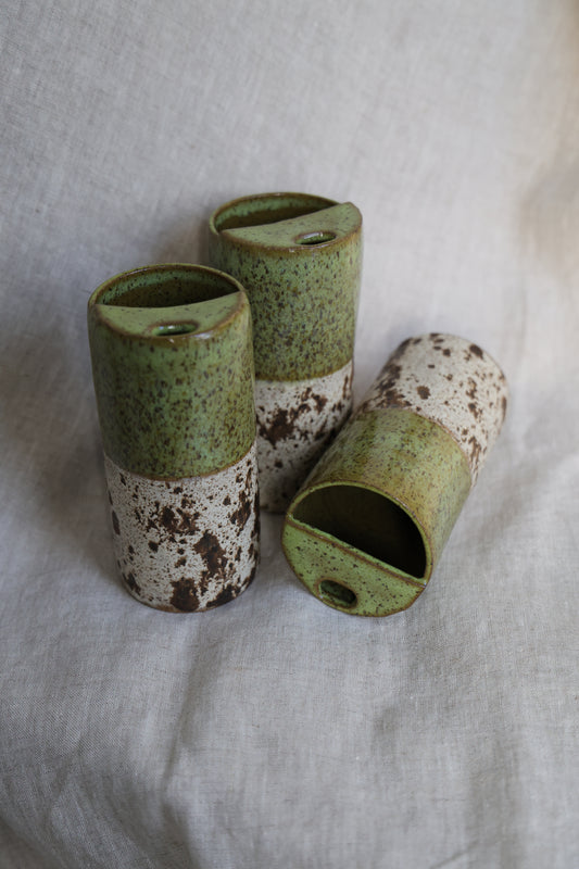 Green travel mug with creamy speckled bottom, Mustache Saver, Ceramic Stoneware Hand Thrown in Maine 14-16oz.