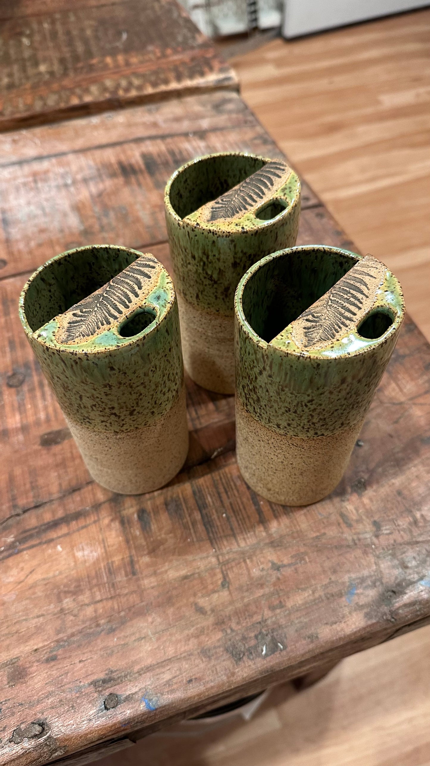 Half Dipped Green Fern Stamped Speckled Stoneware Organic Style Travel Tumbler, To Go Cup, for Minimalists Ceramic Stoneware Hand Thrown in Maine