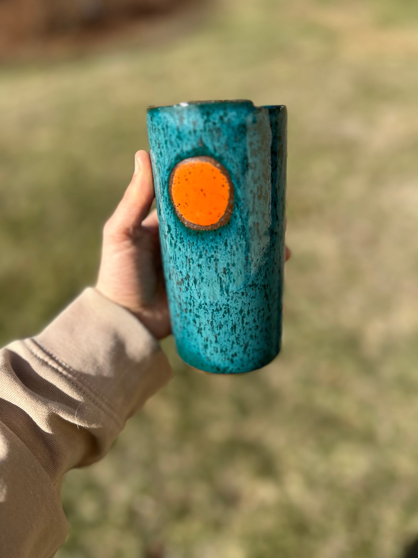 Deep Blue with Orange Moon Speckled To Go Cup, Travel Mug, Travel Tumbler, Mustache Saver, Ceramic Stoneware,  Hand Thrown in Maine 13-15oz.  Pottery Cup