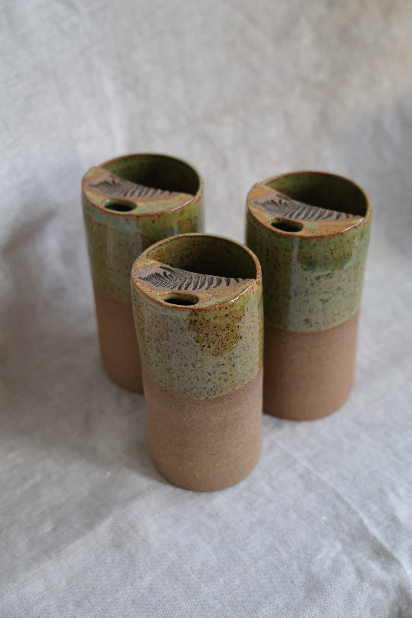 Half Dipped Green Fern Stamped Speckled Stoneware Organic Style Travel Tumbler, To Go Cup, for Minimalists Ceramic Stoneware Hand Thrown in Maine