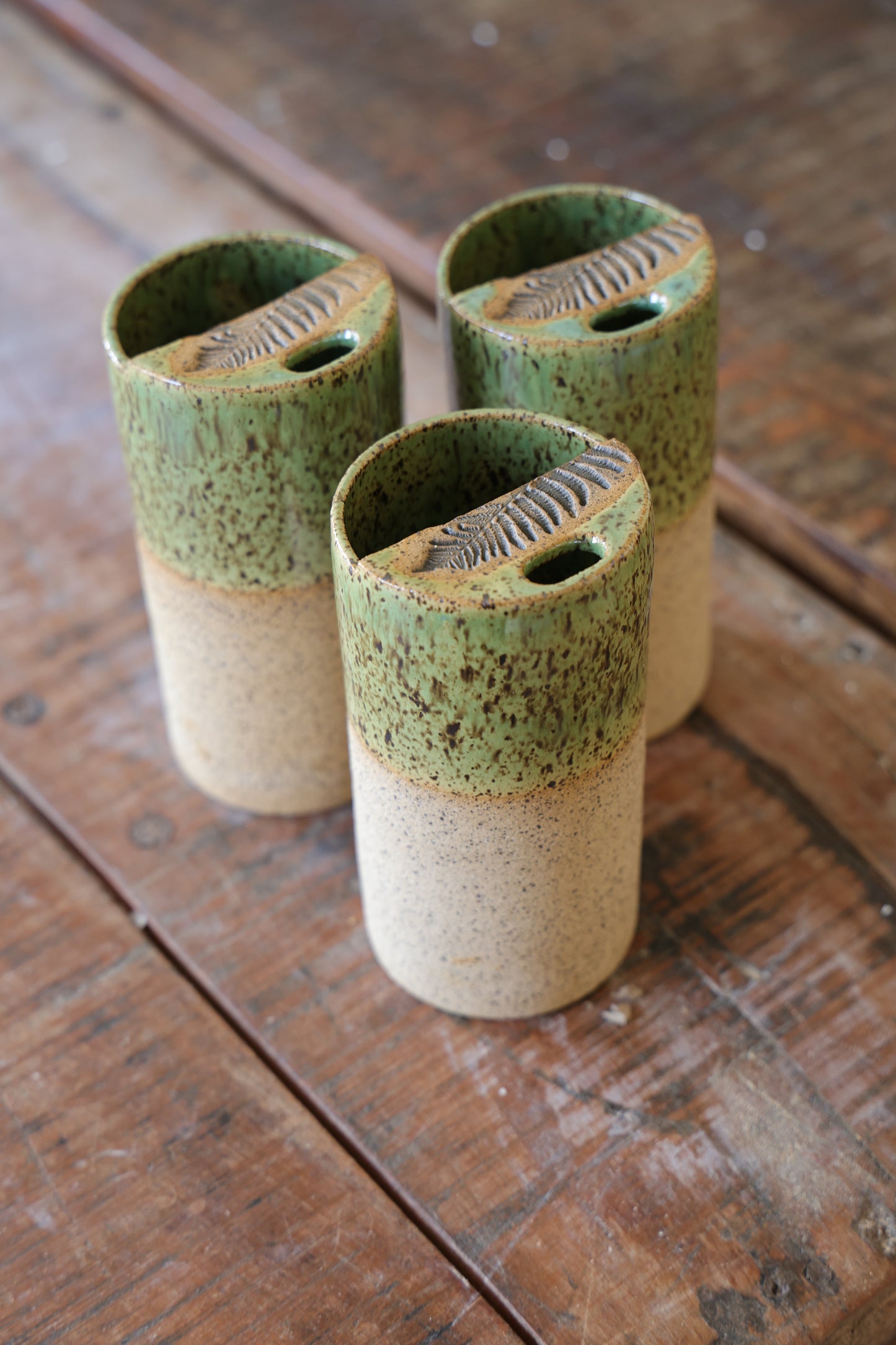 Half Dipped Green Fern Stamped Speckled Stoneware Organic Style Travel Tumbler, To Go Cup, for Minimalists Ceramic Stoneware Hand Thrown in Maine