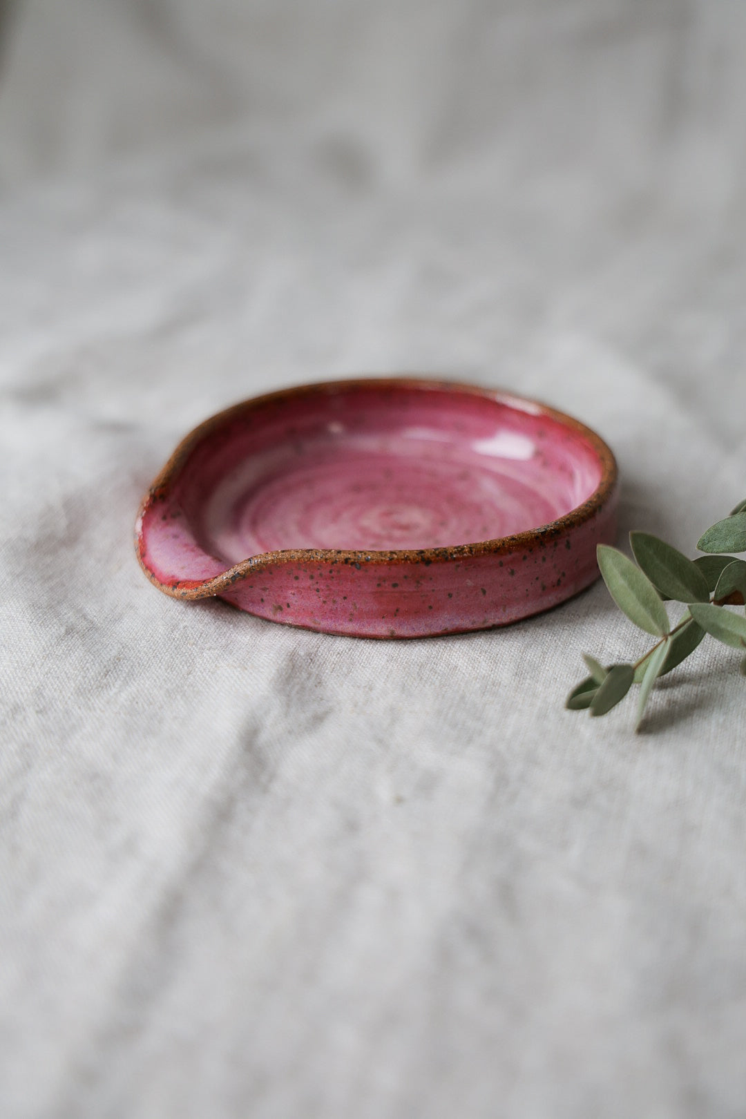 Spoon rest in speckled ceramic, kitchenware pottery, rustic, handmade, artful home, white, pink, or green.