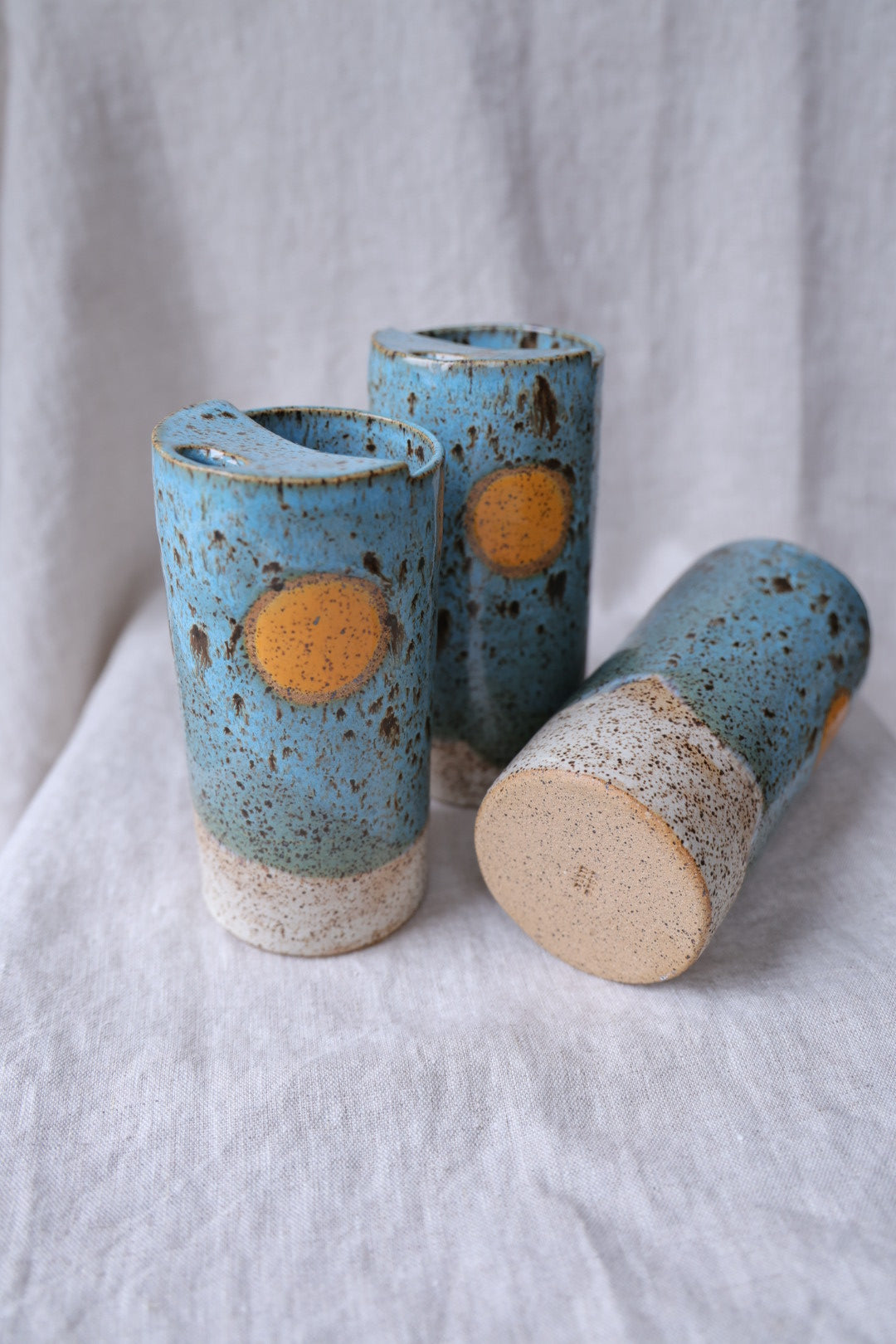 Golden Hour Blue & Cream with Orange Sun Speckled To Go Cup, Travel Mug, Travel Tumbler, Mustache Saver, Ceramic Stoneware,  Hand Thrown in Maine 14-16 oz.  Pottery Cup