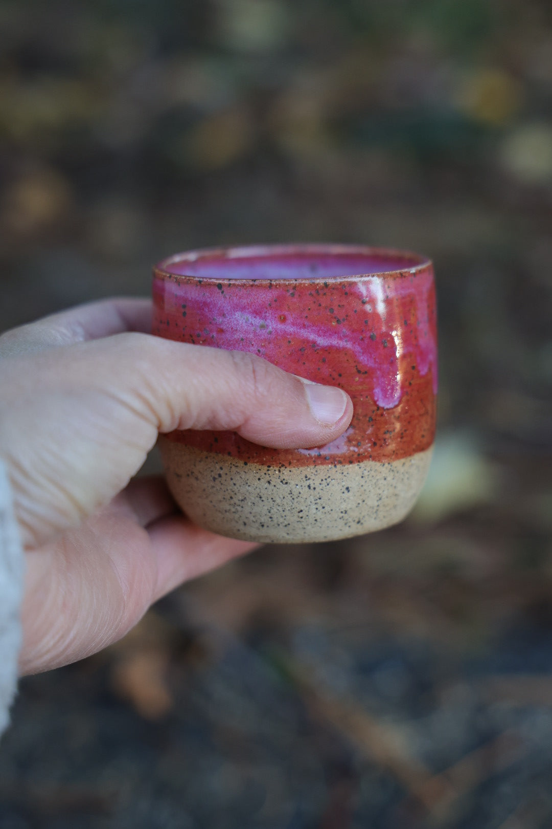 Espresso cups with thumb print, speckled stoneware, pink or white, small handmade cup, Maine made, perfect for morning coffee ritual, espresso, mugs of tea or any small beverage.