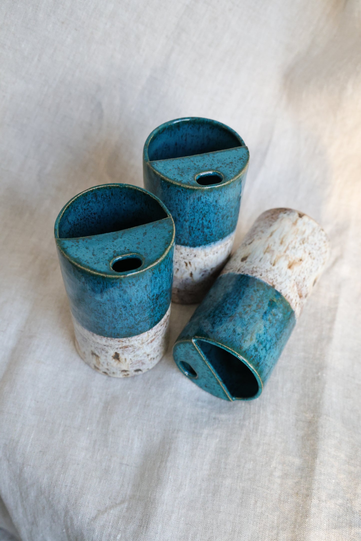 Turquoise travel mug with feathered speckled, Mustache Saver, Ceramic Stoneware Hand Thrown in Maine 14-16oz.