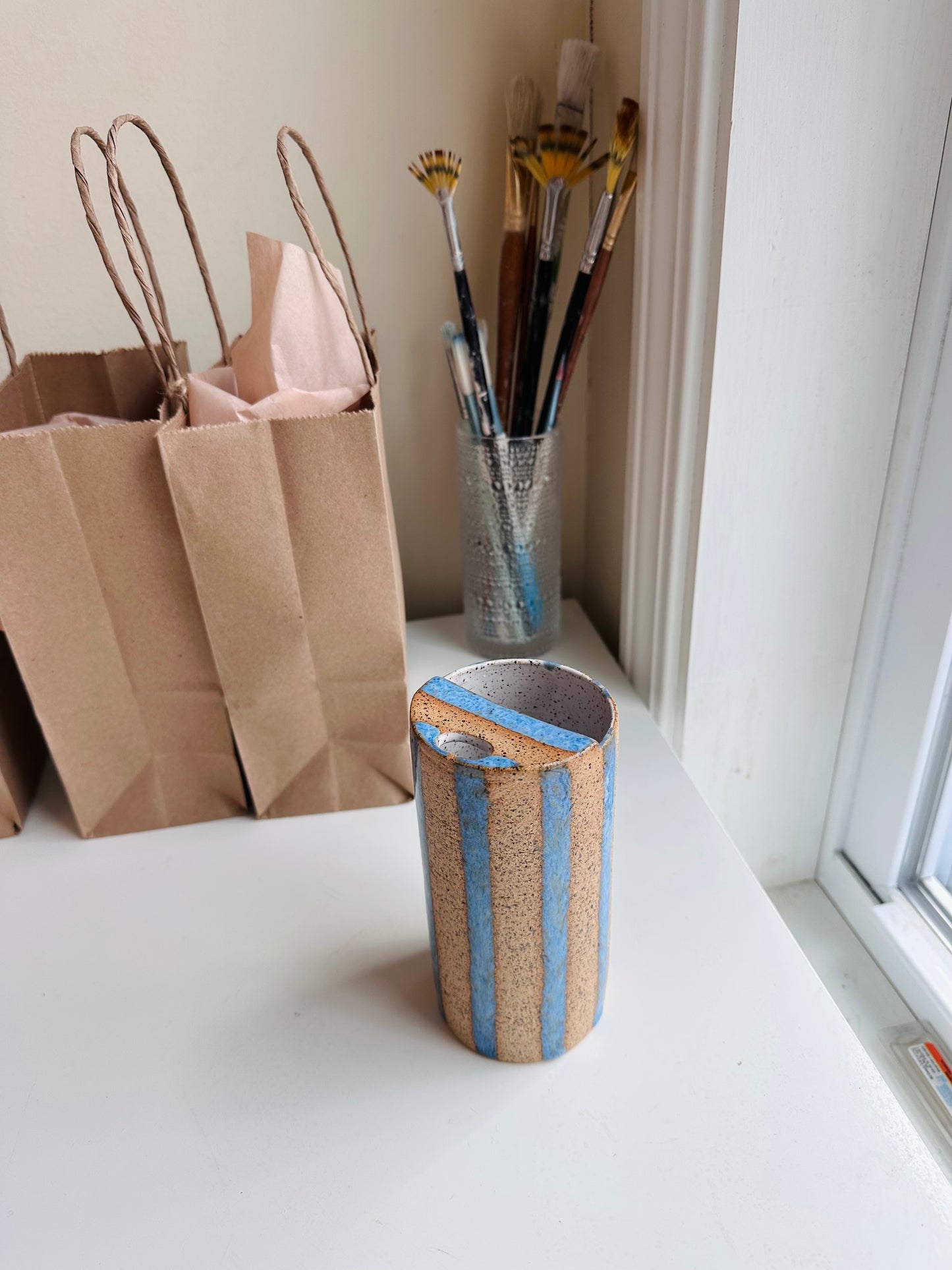 Blue Striped Speckled To Go Cup, Travel Mug, Travel Tumbler, Mustache Saver, Ceramic Stoneware,  Hand Thrown in Maine 13-15oz.  Pottery Cup