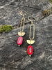 Red Czech cut glass boho earrings sturdy brass, gold color, geometric shape, rainbow with half circles