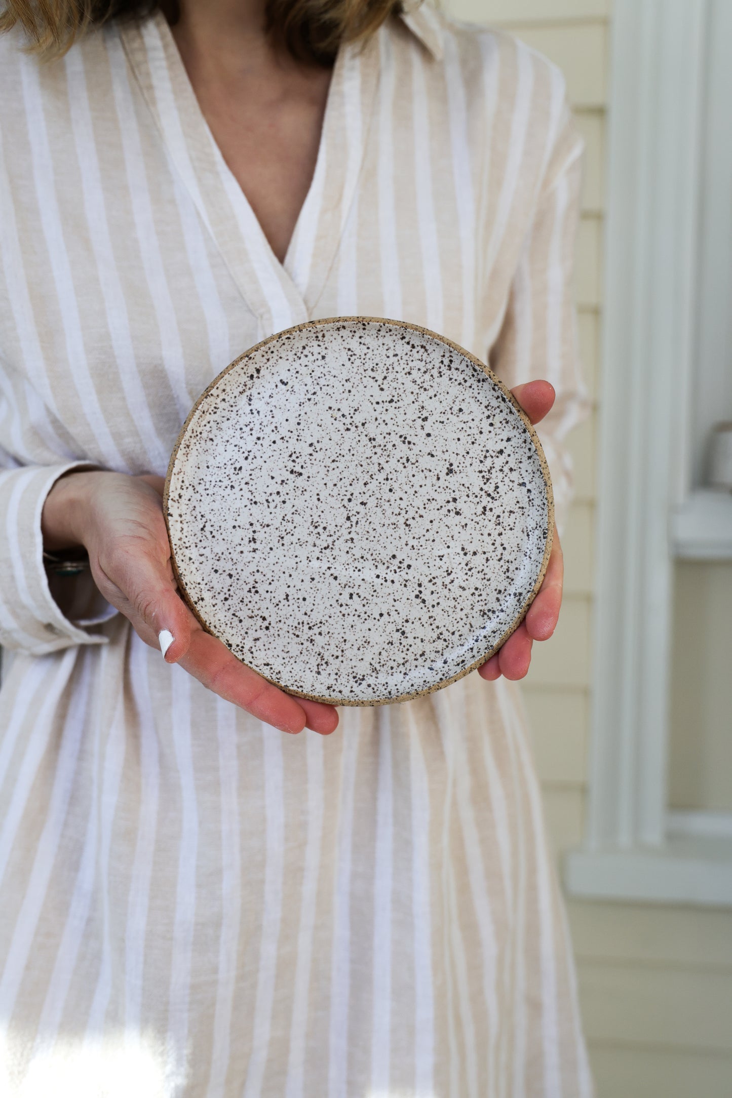 Appetizer Plate Speckled Matte White Handmade Plates, Minimalist Pottery, Ceramic, Made to Order, 6 1/2" Snack Plate for Salad Bread or Dessert.